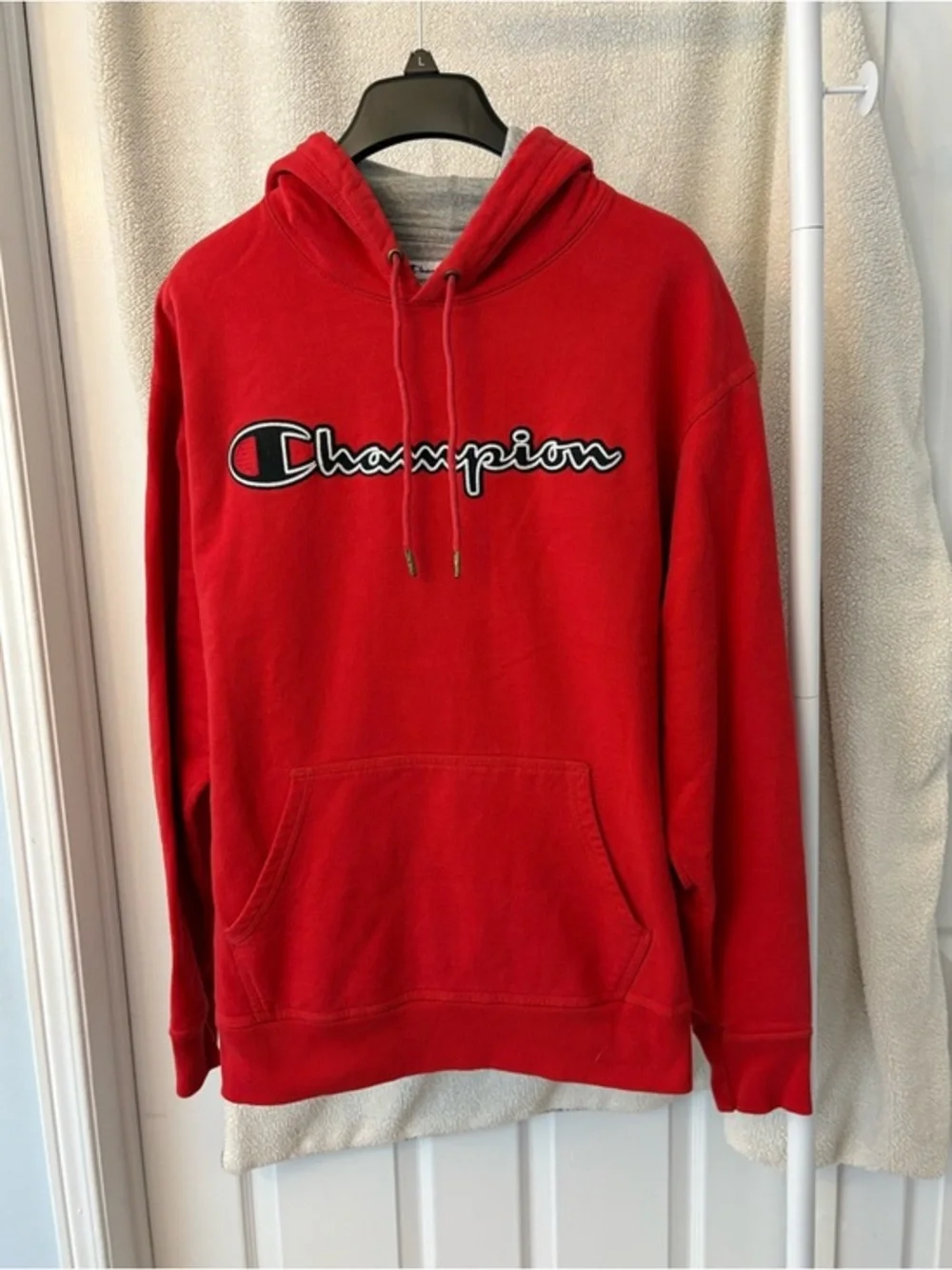 Champion Red Logo Hoodie Sweatshirt Size Large Cotton - Picture 8 of 13